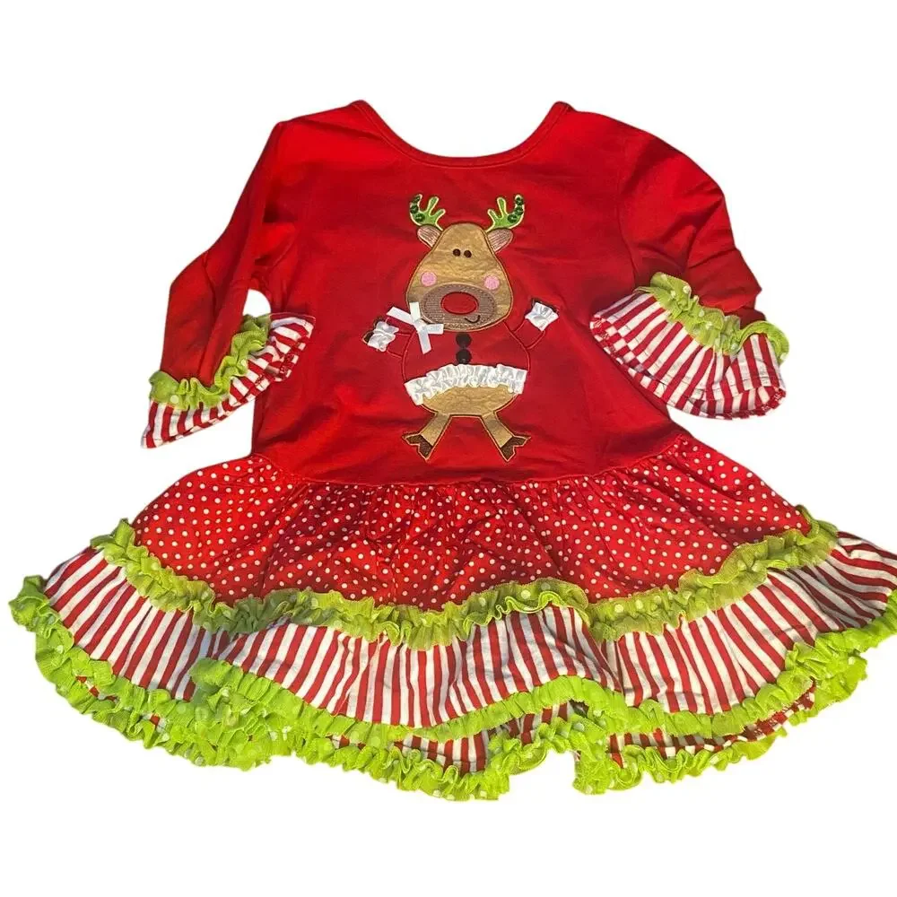 Rare Editions‎ Christmas red reindeer ruffle long sleeve tiered dress SIZE 4